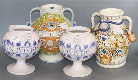 A pair of 17th century style delft wet drug jars and two others, polychrome painted (4)